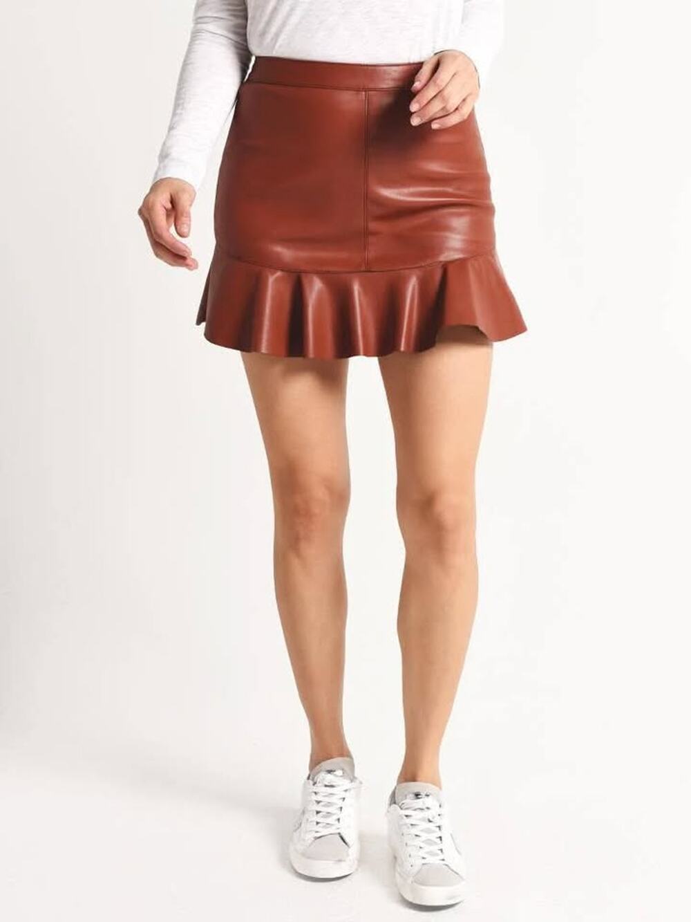 BB Dakota Brown Faux Leather Ruffle Hem Mini Skirt Size 4